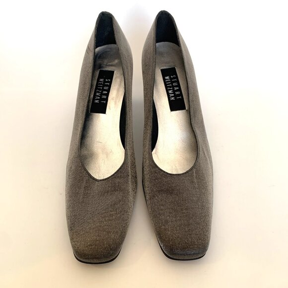 Stuart Weitzman Size 9 AA Silver Satin Square Toe Pumps Womans Shoes Heels - Picture 1 of 12